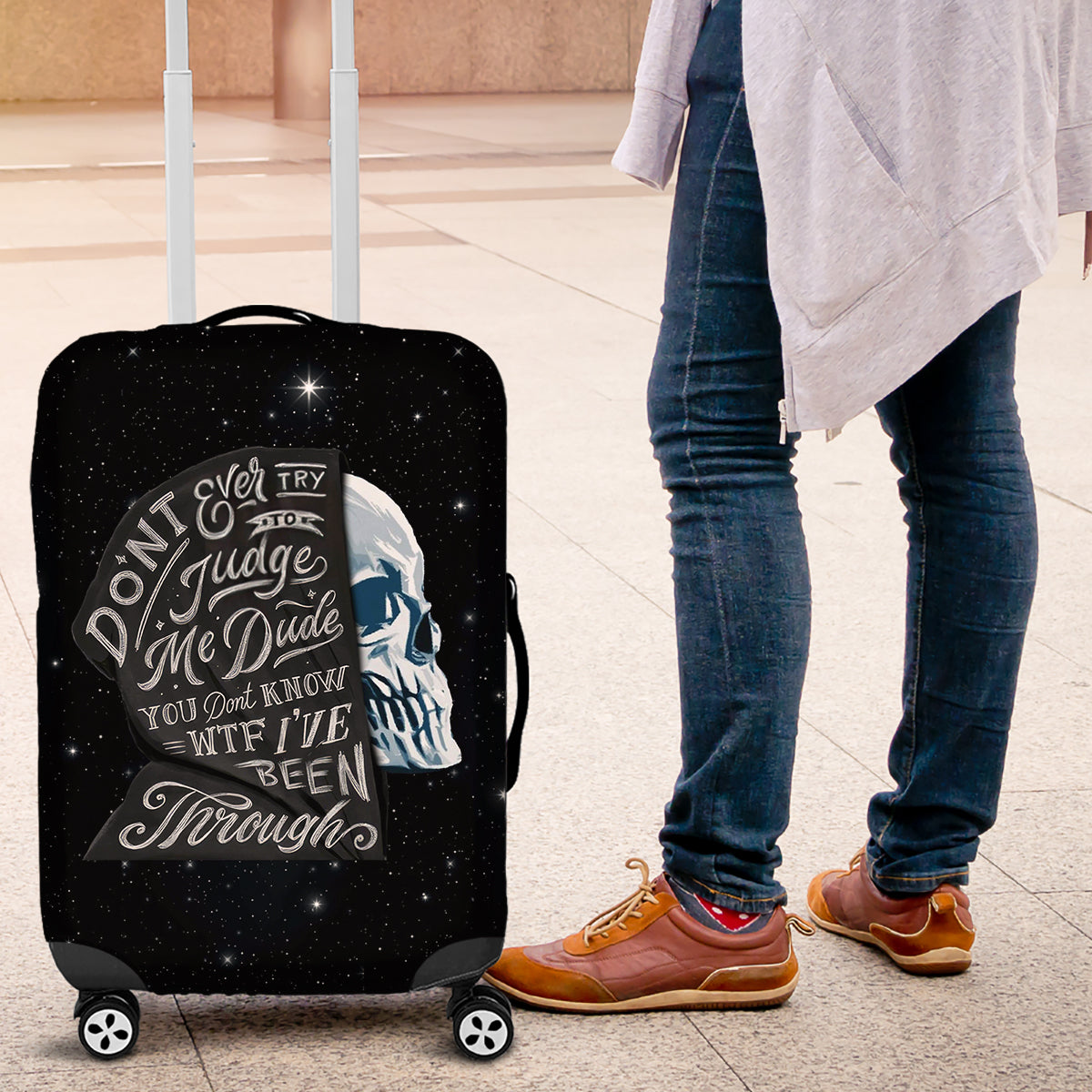 Sad Skull Luggage Cover Don't Ever Try To Judge Me Dude - Wonder Print Shop