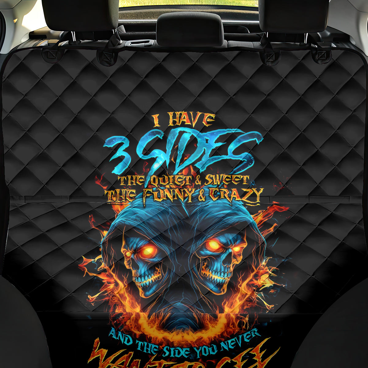Double Fire Skull Back Car Seat Cover I Have 3 Side Quite Funny And The Side You Never Want To See - Wonder Print Shop