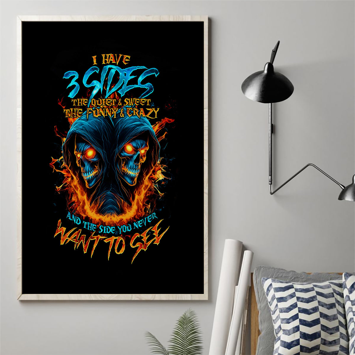 Double Fire Skull Canvas Wall Art I Have 3 Side Quite Funny And The Side You Never Want To See - Wonder Print Shop