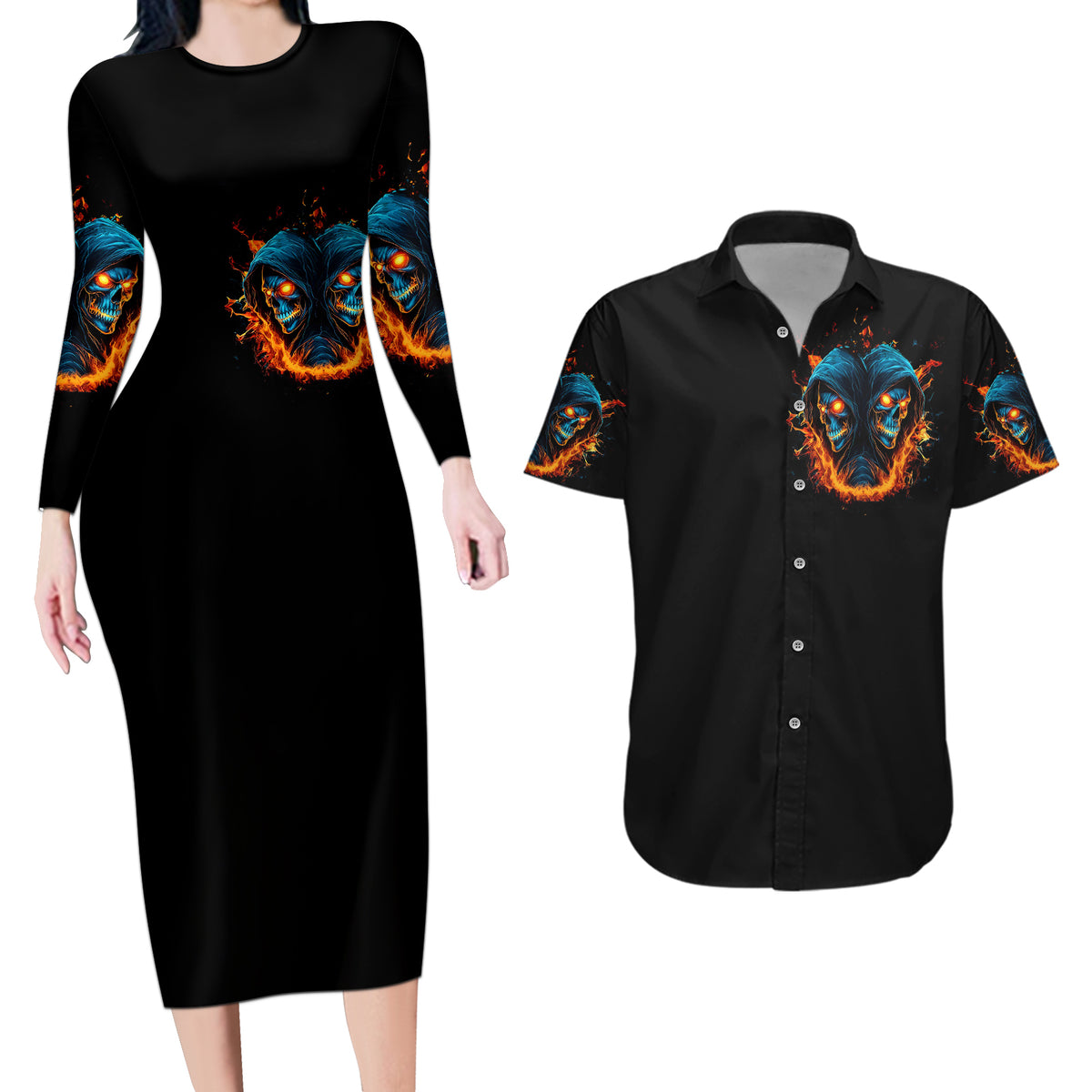 Double Fire Skull Couples Matching Long Sleeve Bodycon Dress and Hawaiian Shirt I Have 3 Side Quite Funny And The Side You Never Want To See - Wonder Print Shop