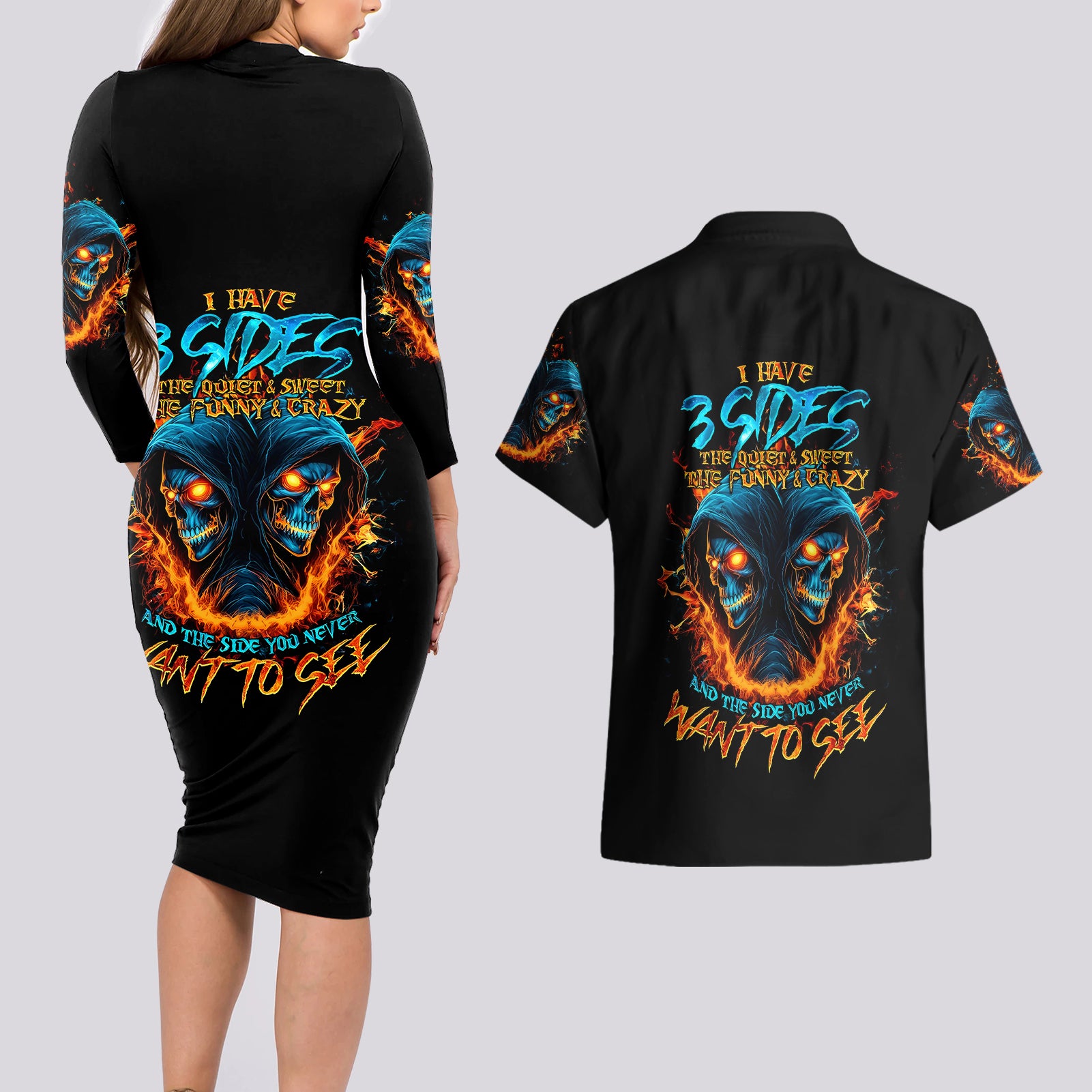 Double Fire Skull Couples Matching Long Sleeve Bodycon Dress and Hawaiian Shirt I Have 3 Side Quite Funny And The Side You Never Want To See - Wonder Print Shop