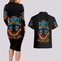 Double Fire Skull Couples Matching Long Sleeve Bodycon Dress and Hawaiian Shirt I Have 3 Side Quite Funny And The Side You Never Want To See - Wonder Print Shop