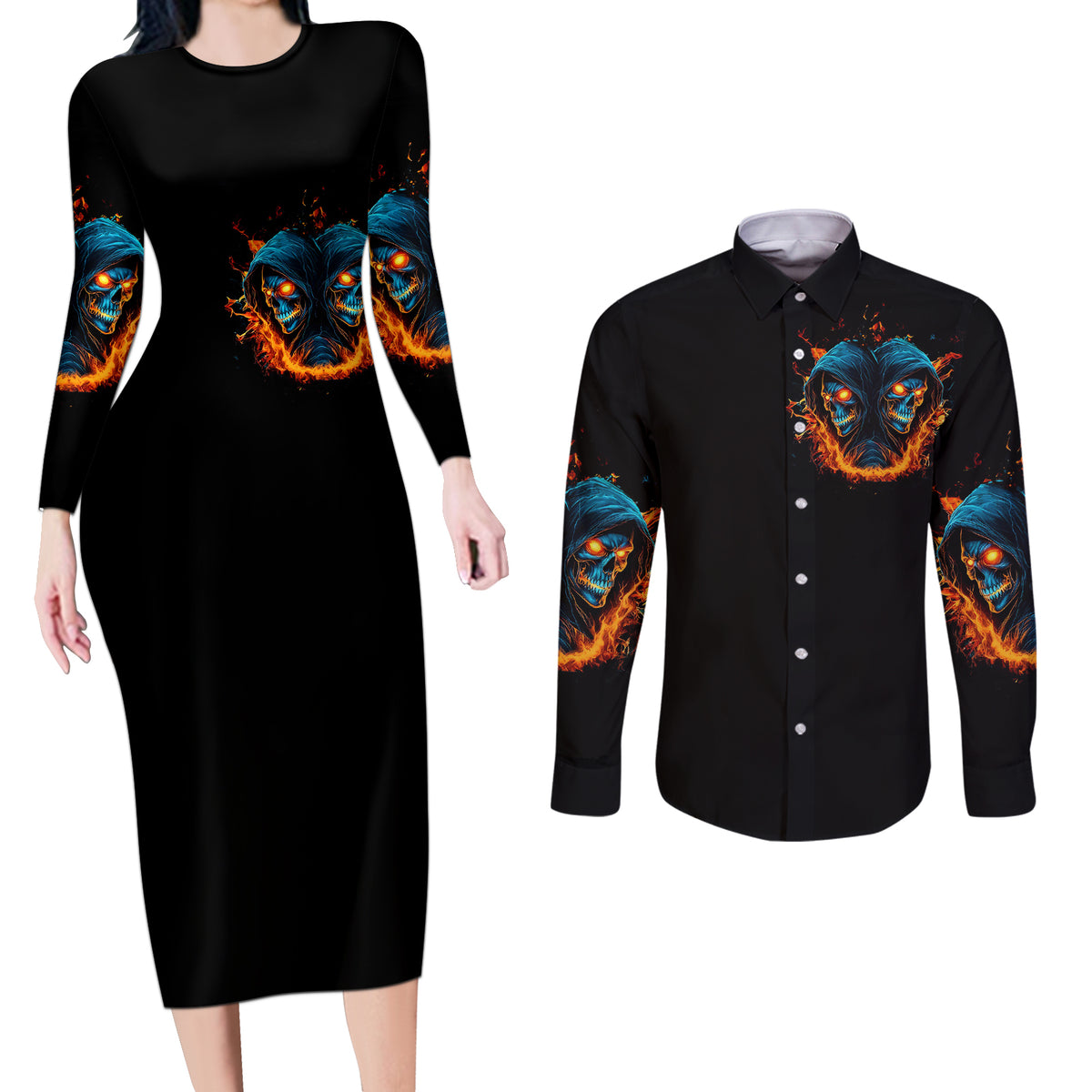 Double Fire Skull Couples Matching Long Sleeve Bodycon Dress and Long Sleeve Button Shirts I Have 3 Side Quite Funny And The Side You Never Want To See - Wonder Print Shop