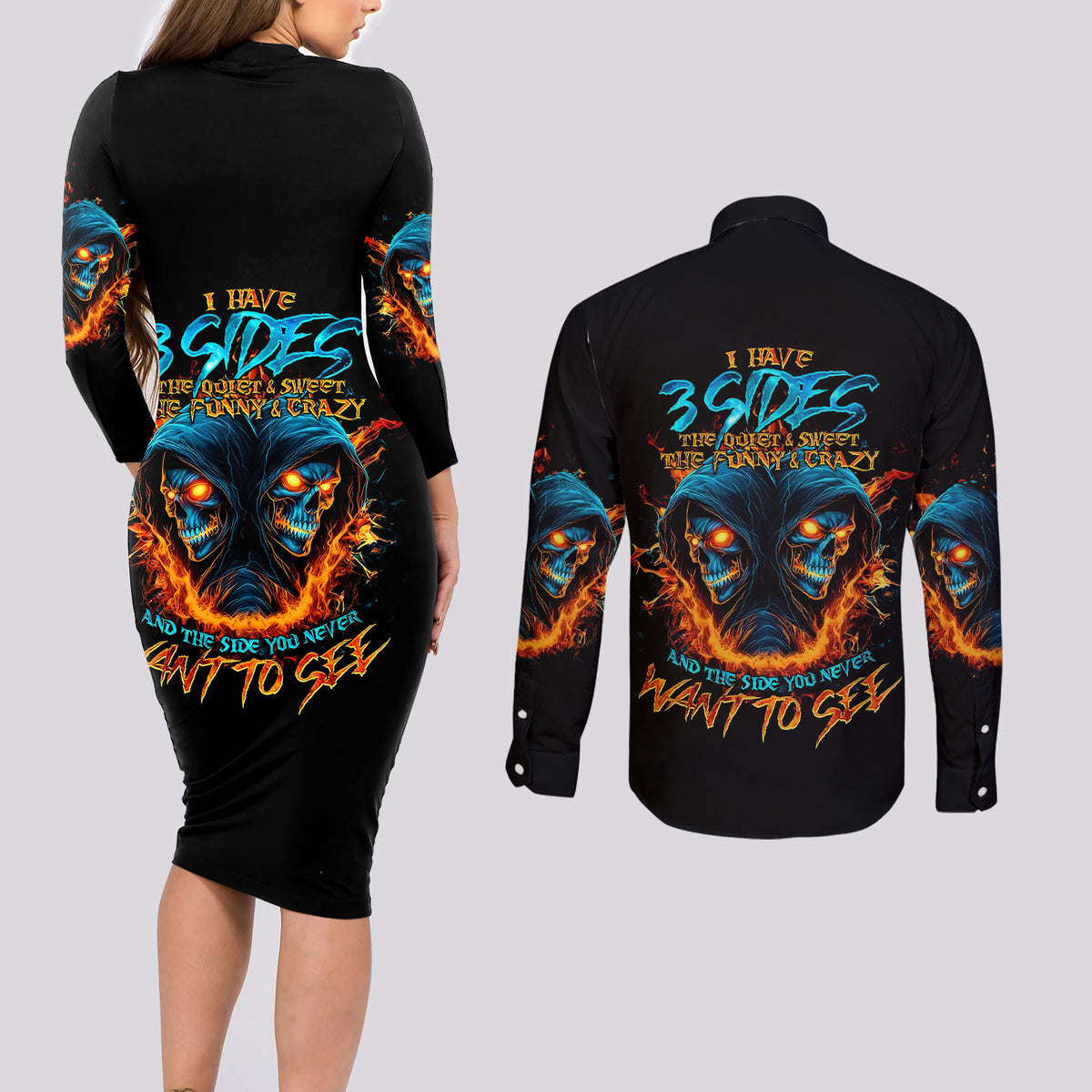 Double Fire Skull Couples Matching Long Sleeve Bodycon Dress and Long Sleeve Button Shirts I Have 3 Side Quite Funny And The Side You Never Want To See - Wonder Print Shop