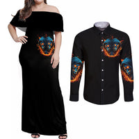 Double Fire Skull Couples Matching Off Shoulder Maxi Dress and Long Sleeve Button Shirts I Have 3 Side Quite Funny And The Side You Never Want To See - Wonder Print Shop