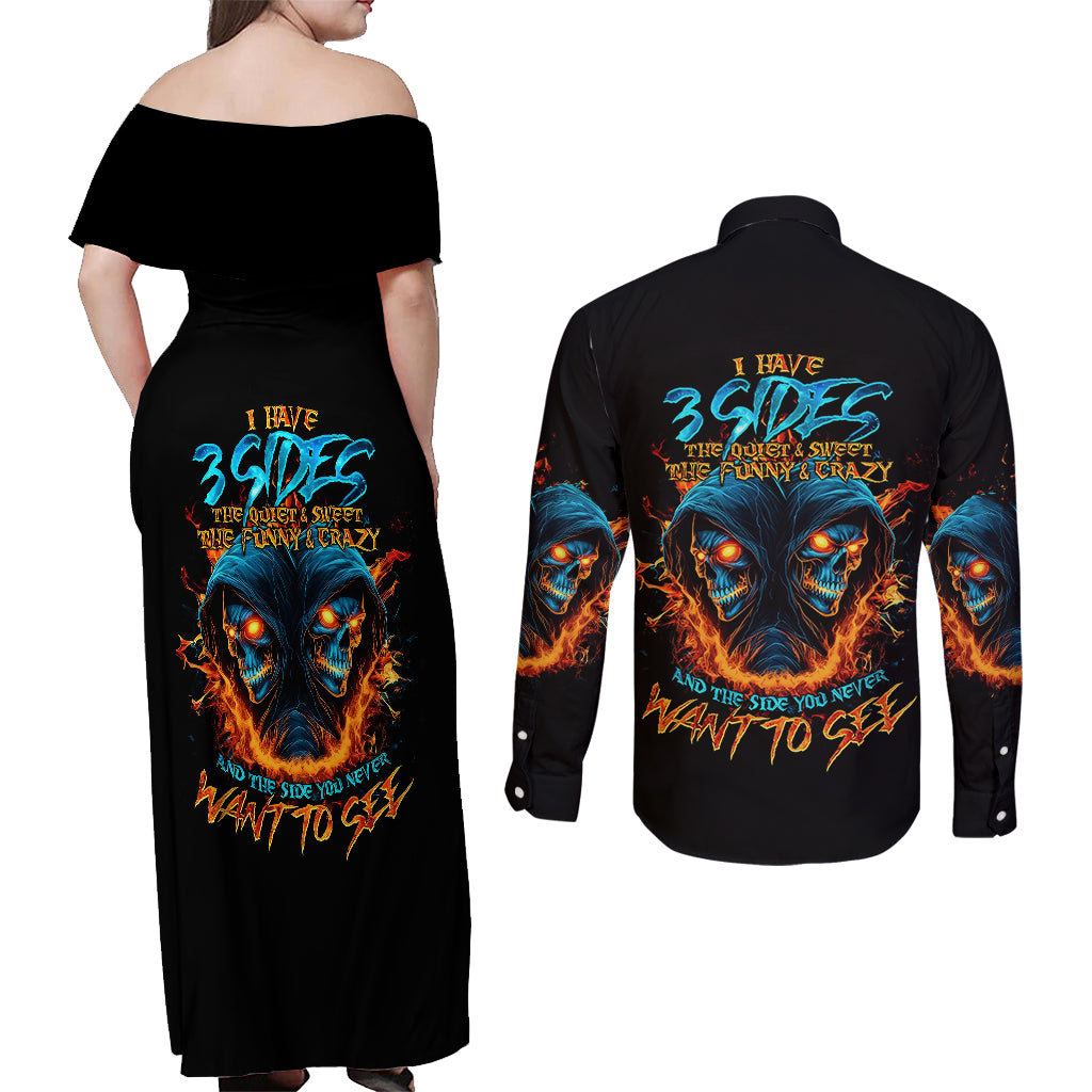 Double Fire Skull Couples Matching Off Shoulder Maxi Dress and Long Sleeve Button Shirts I Have 3 Side Quite Funny And The Side You Never Want To See - Wonder Print Shop
