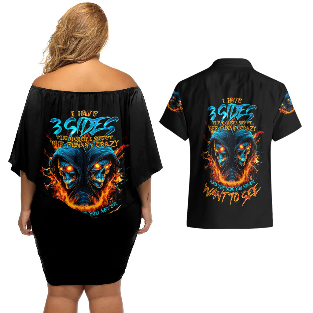 Double Fire Skull Couples Matching Off Shoulder Short Dress and Hawaiian Shirt I Have 3 Side Quite Funny And The Side You Never Want To See - Wonder Print Shop