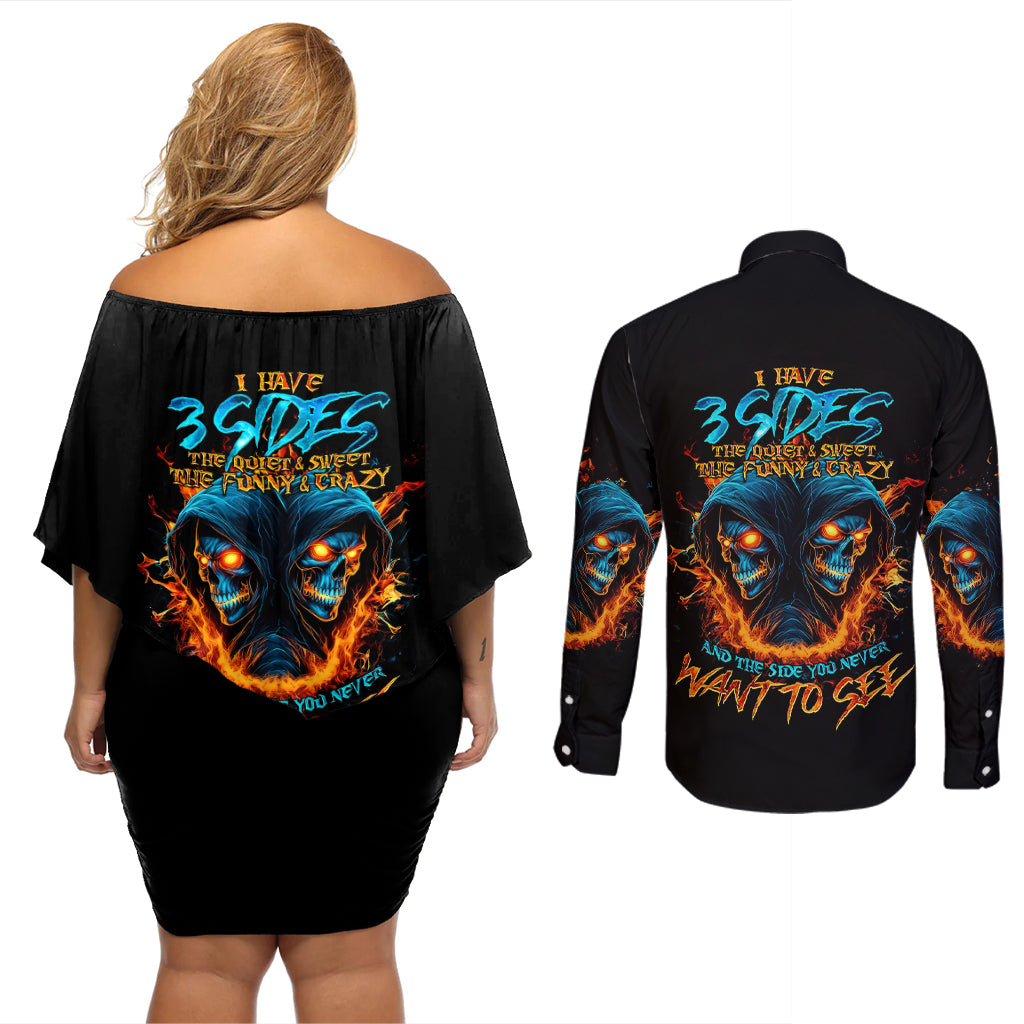 Double Fire Skull Couples Matching Off Shoulder Short Dress and Long Sleeve Button Shirts I Have 3 Side Quite Funny And The Side You Never Want To See - Wonder Print Shop