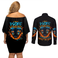 Double Fire Skull Couples Matching Off Shoulder Short Dress and Long Sleeve Button Shirts I Have 3 Side Quite Funny And The Side You Never Want To See - Wonder Print Shop