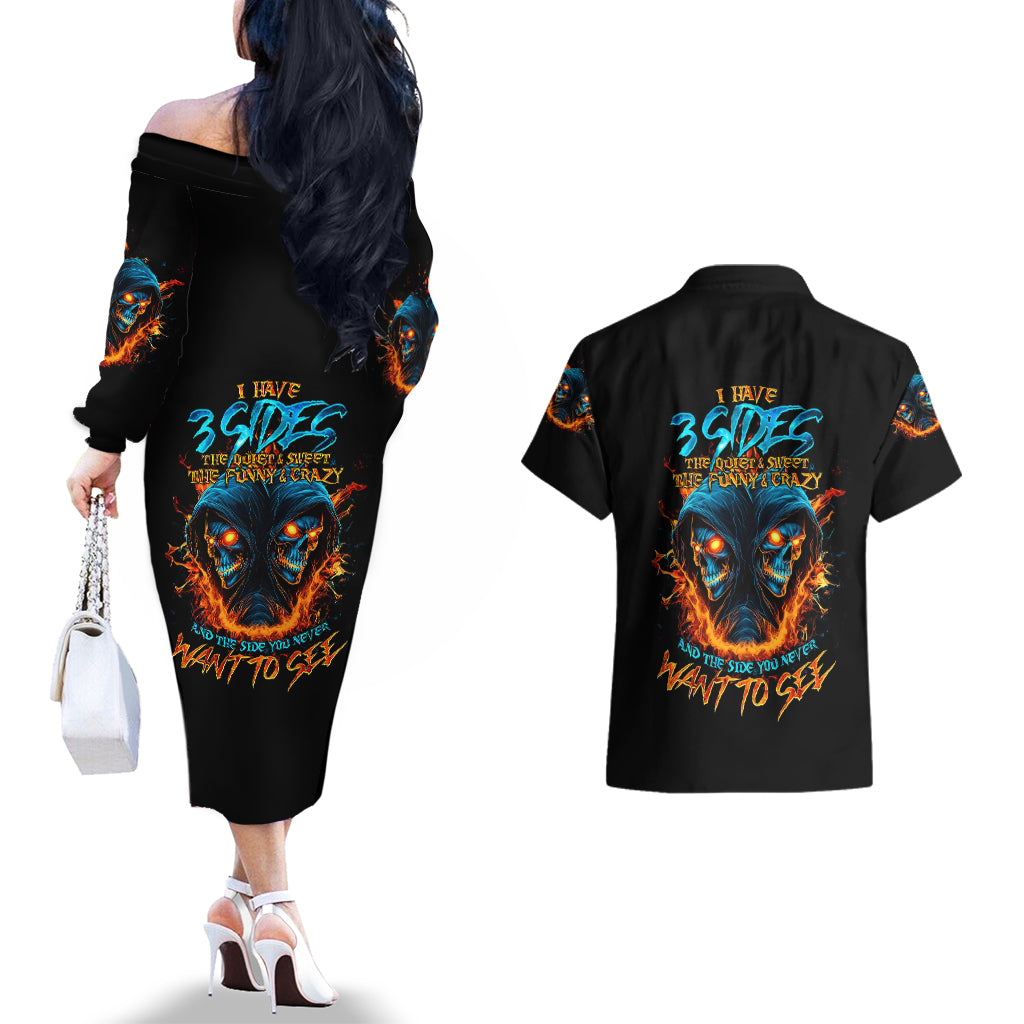 Double Fire Skull Couples Matching Off The Shoulder Long Sleeve Dress and Hawaiian Shirt I Have 3 Side Quite Funny And The Side You Never Want To See - Wonder Print Shop