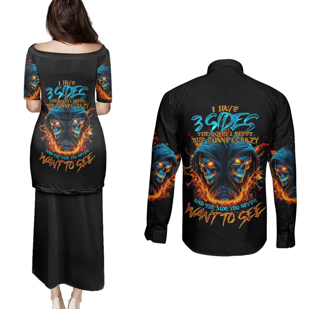 Double Fire Skull Couples Matching Puletasi Dress and Long Sleeve Button Shirts I Have 3 Side Quite Funny And The Side You Never Want To See - Wonder Print Shop