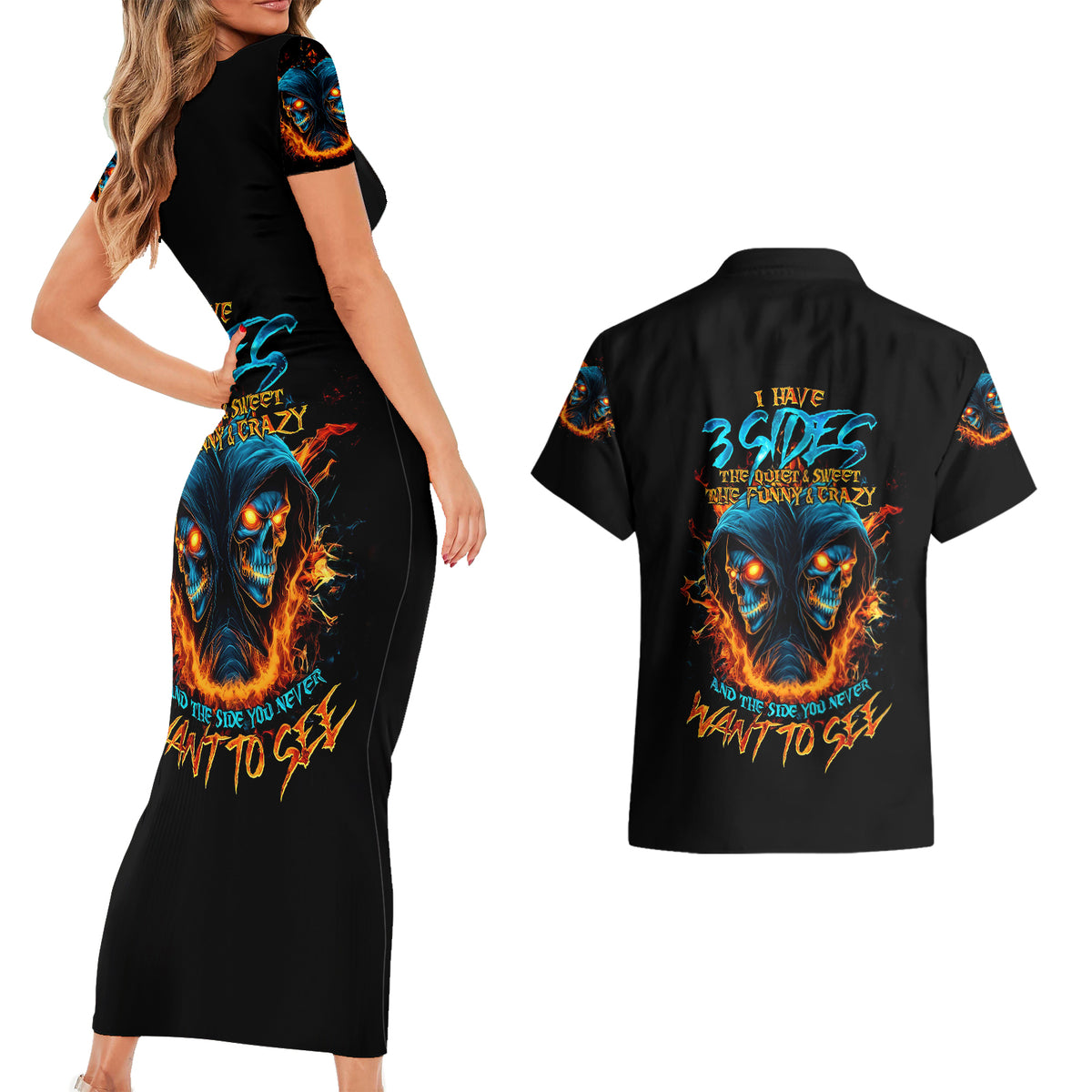 Double Fire Skull Couples Matching Short Sleeve Bodycon Dress and Hawaiian Shirt I Have 3 Side Quite Funny And The Side You Never Want To See - Wonder Print Shop