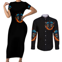 Double Fire Skull Couples Matching Short Sleeve Bodycon Dress and Long Sleeve Button Shirts I Have 3 Side Quite Funny And The Side You Never Want To See - Wonder Print Shop