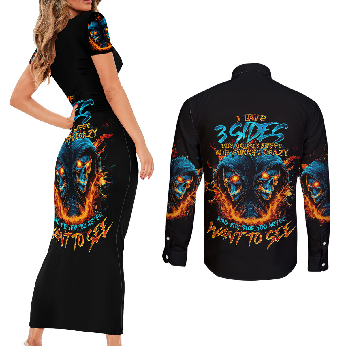 Double Fire Skull Couples Matching Short Sleeve Bodycon Dress and Long Sleeve Button Shirts I Have 3 Side Quite Funny And The Side You Never Want To See - Wonder Print Shop