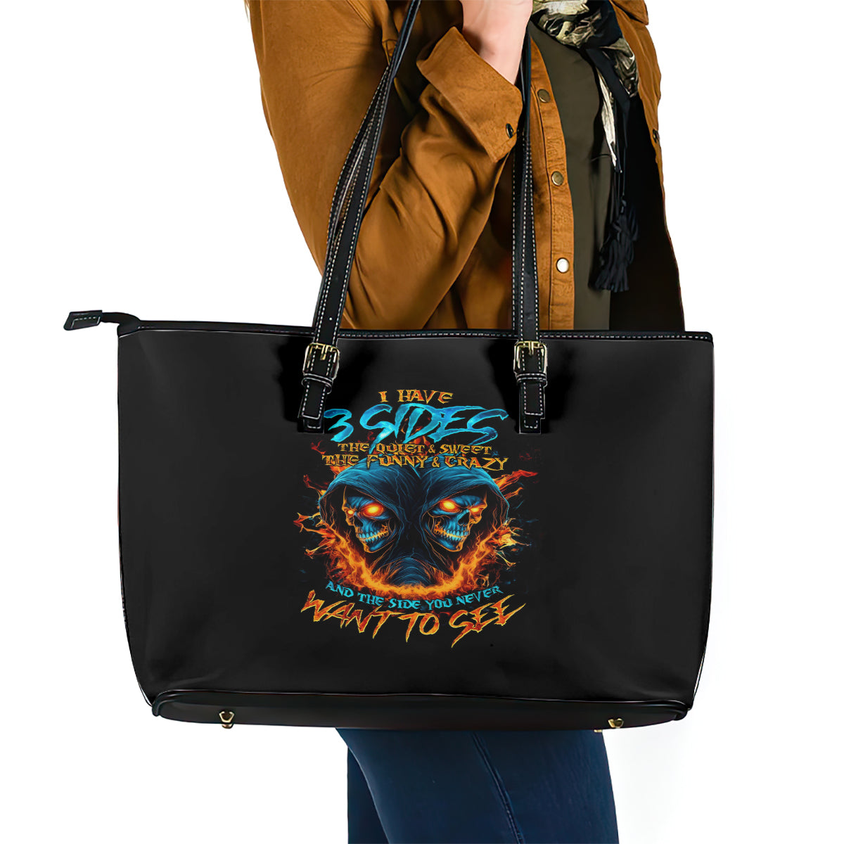 Double Fire Skull Leather Tote Bag I Have 3 Side Quite Funny And The Side You Never Want To See - Wonder Print Shop