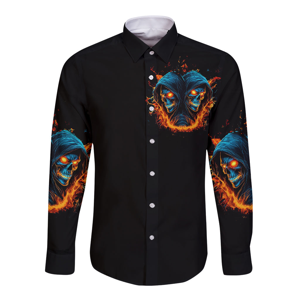 Double Fire Skull Long Sleeve Button Shirt I Have 3 Side Quite Funny And The Side You Never Want To See - Wonder Print Shop