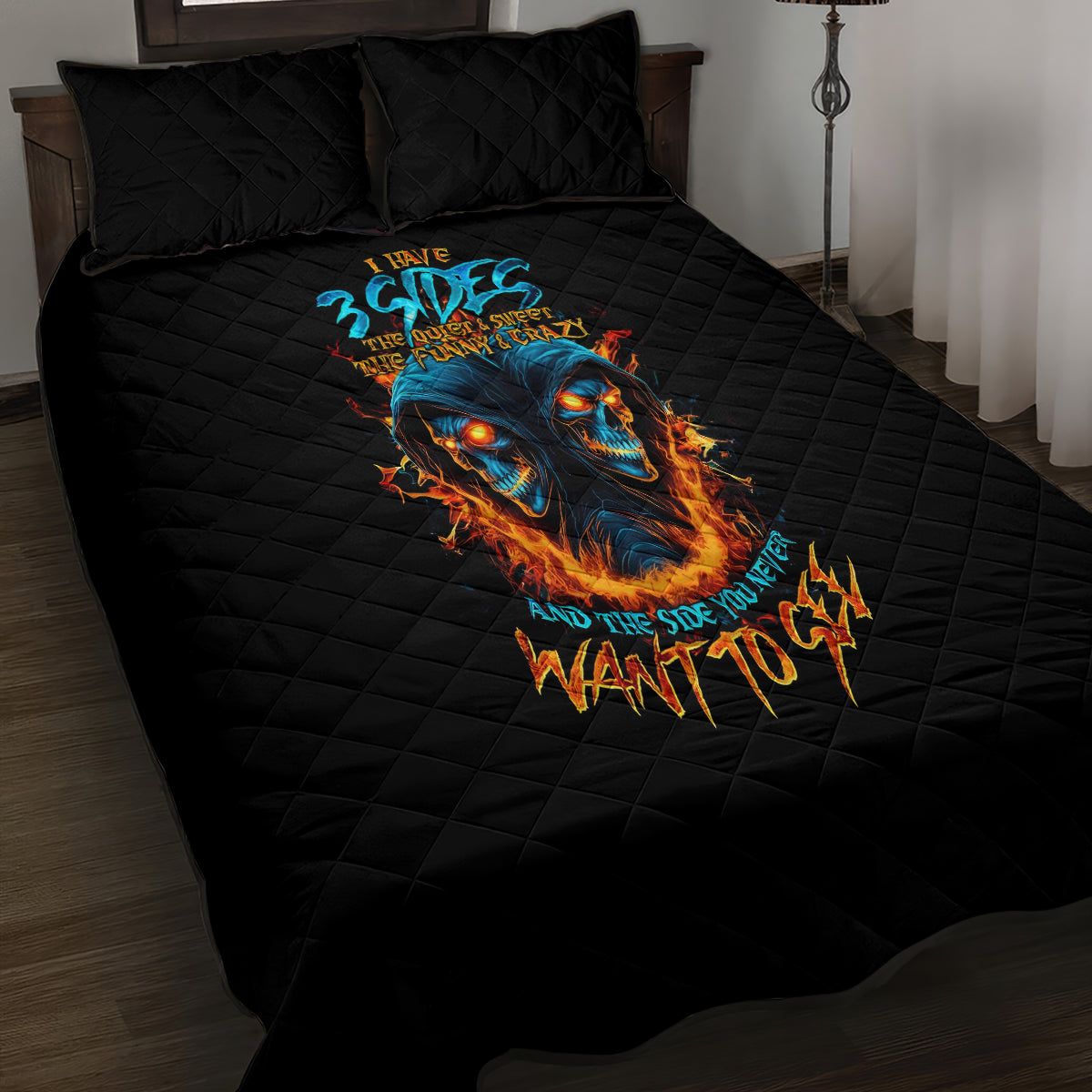 Double Fire Skull Quilt Bed Set I Have 3 Side Quite Funny And The Side You Never Want To See - Wonder Print Shop