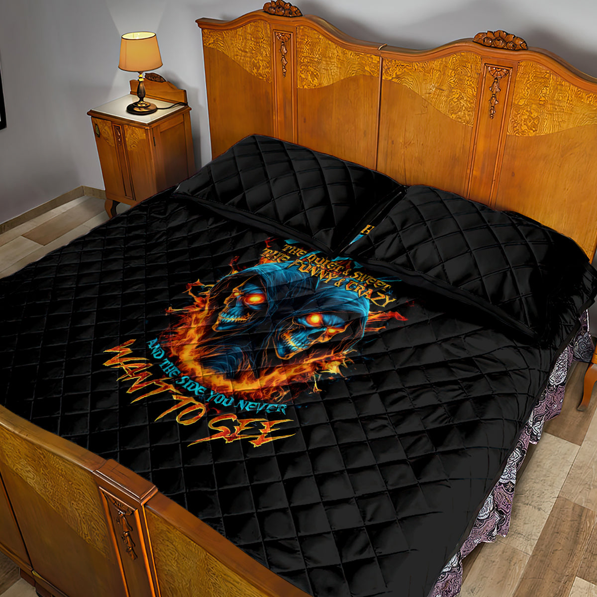 Double Fire Skull Quilt Bed Set I Have 3 Side Quite Funny And The Side You Never Want To See - Wonder Print Shop