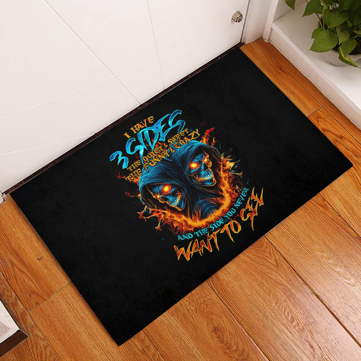 Double Fire Skull Rubber Doormat I Have 3 Side Quite Funny And The Side You Never Want To See - Wonder Print Shop
