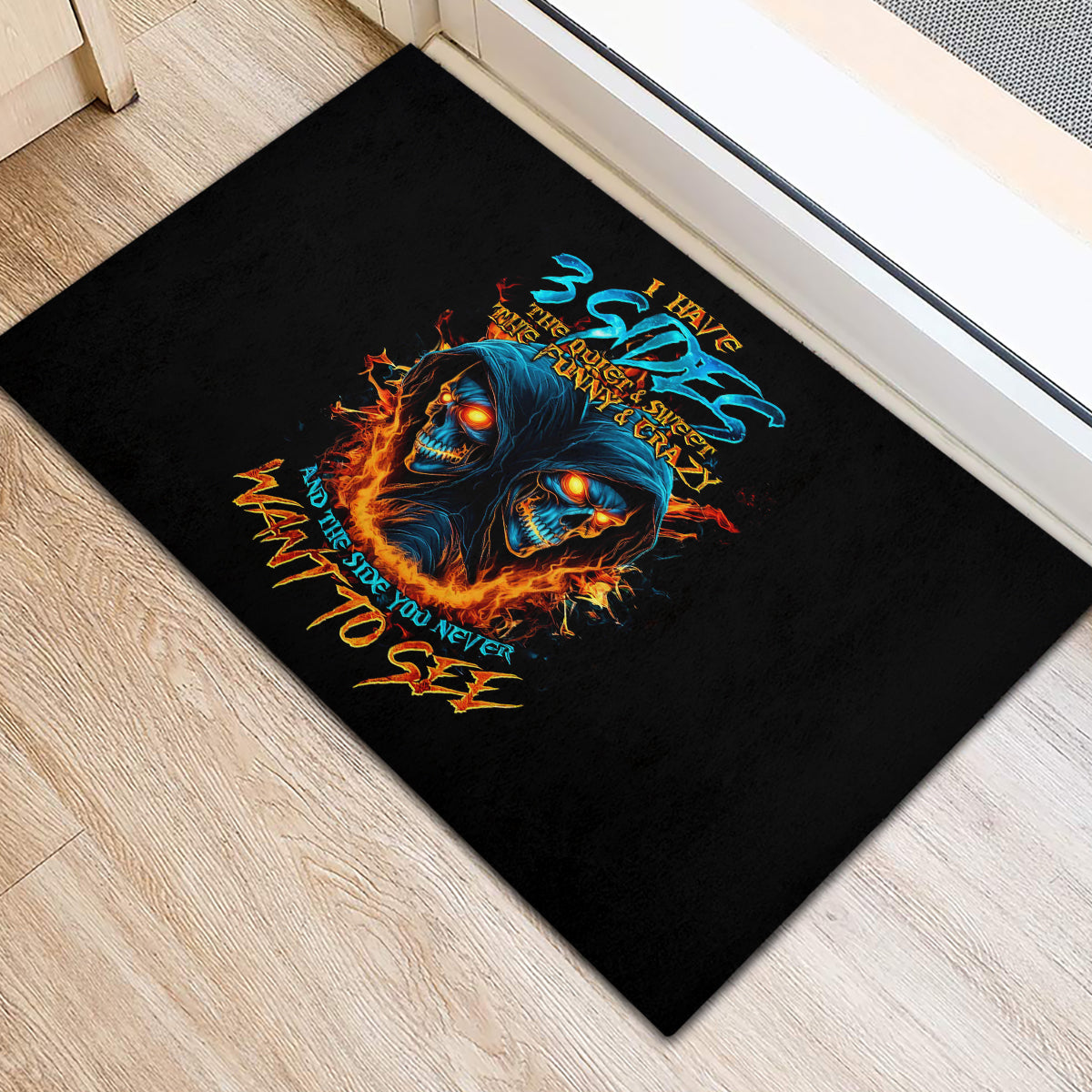 Double Fire Skull Rubber Doormat I Have 3 Side Quite Funny And The Side You Never Want To See - Wonder Print Shop