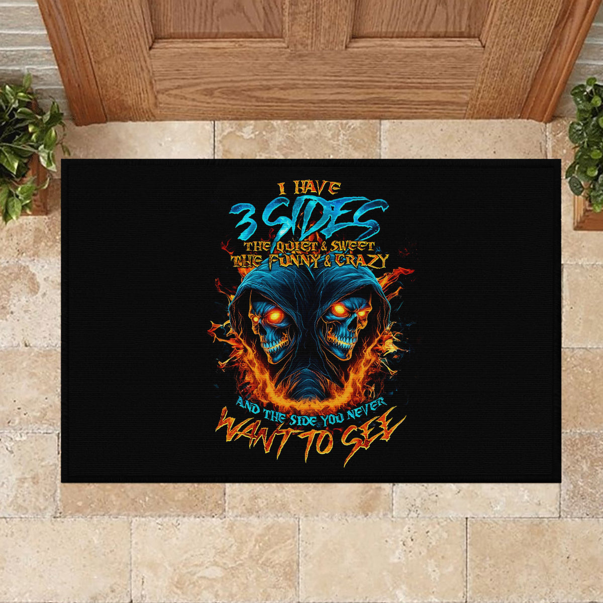 Double Fire Skull Rubber Doormat I Have 3 Side Quite Funny And The Side You Never Want To See - Wonder Print Shop