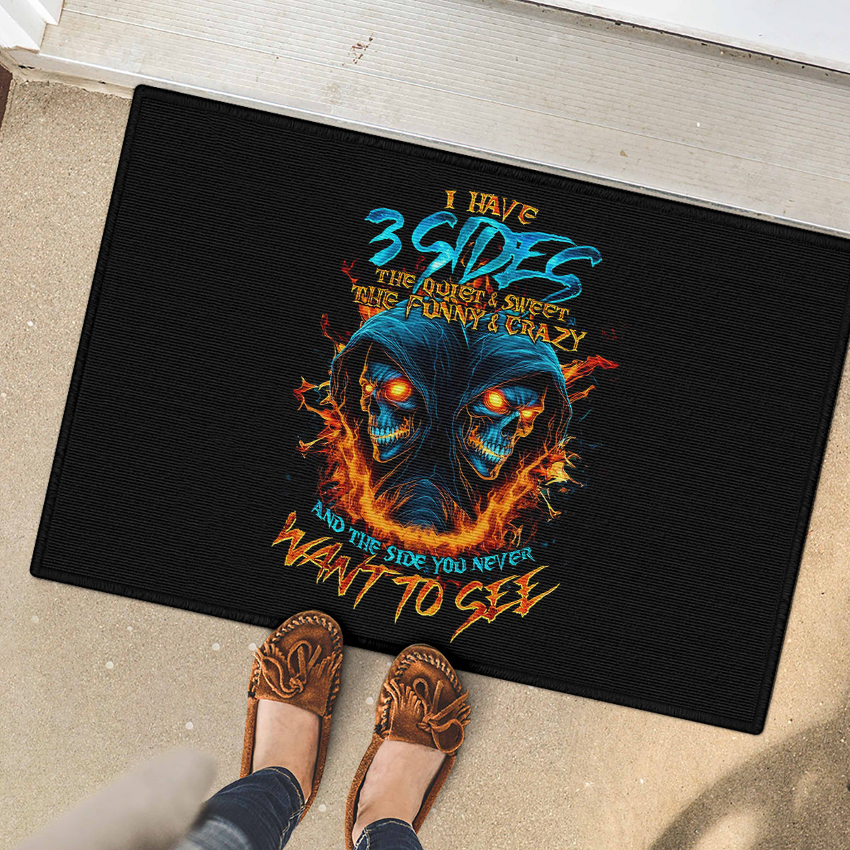 Double Fire Skull Rubber Doormat I Have 3 Side Quite Funny And The Side You Never Want To See - Wonder Print Shop