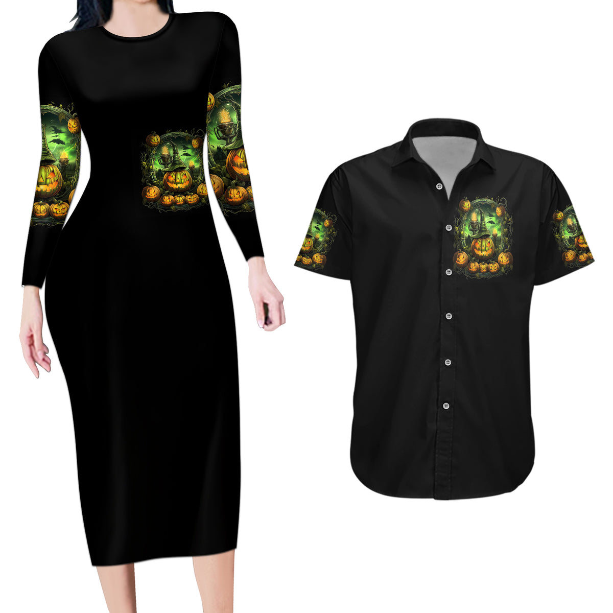 Pumpkin Skull Couples Matching Long Sleeve Bodycon Dress and Hawaiian Shirt Drink Up Witches - Wonder Print Shop