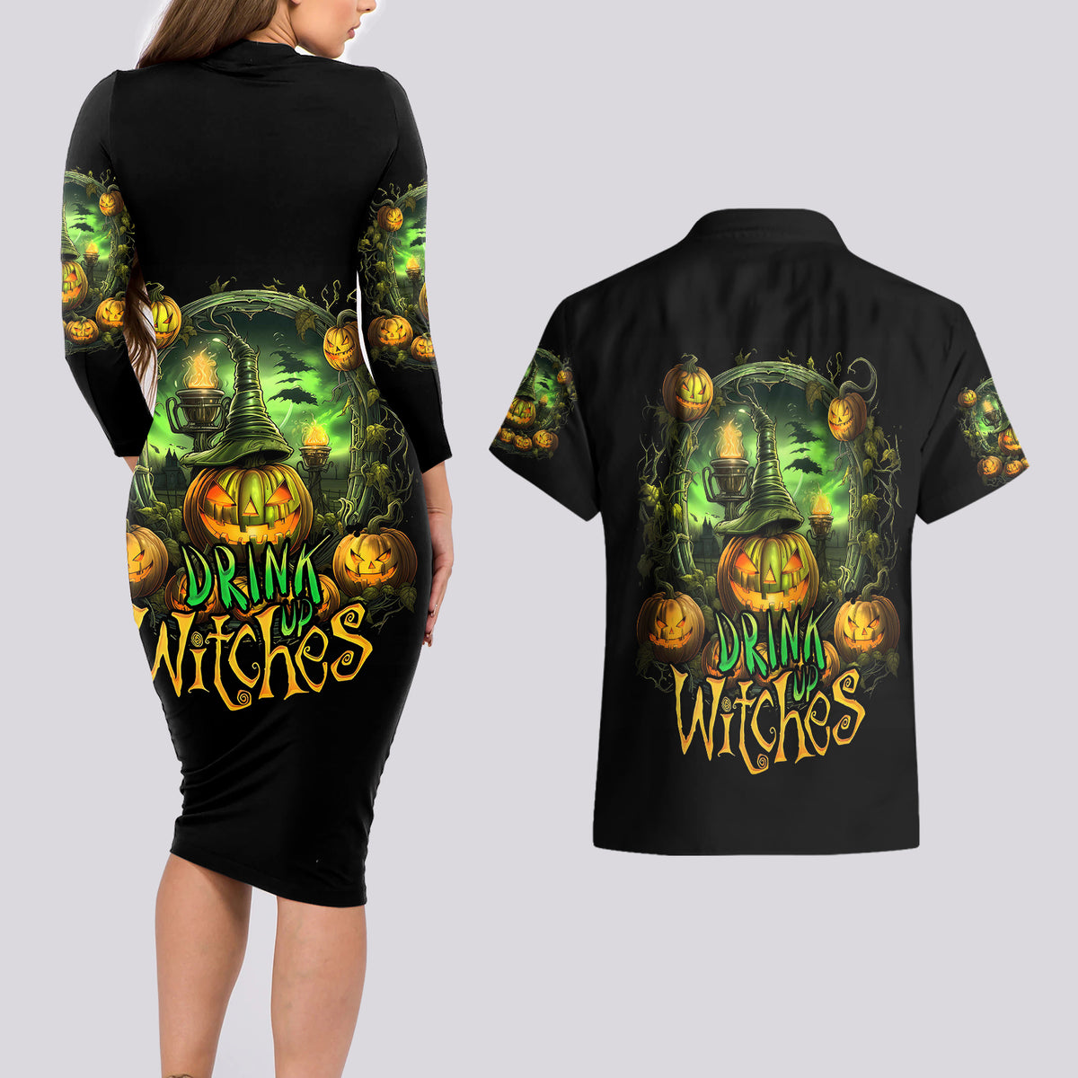 Pumpkin Skull Couples Matching Long Sleeve Bodycon Dress and Hawaiian Shirt Drink Up Witches - Wonder Print Shop