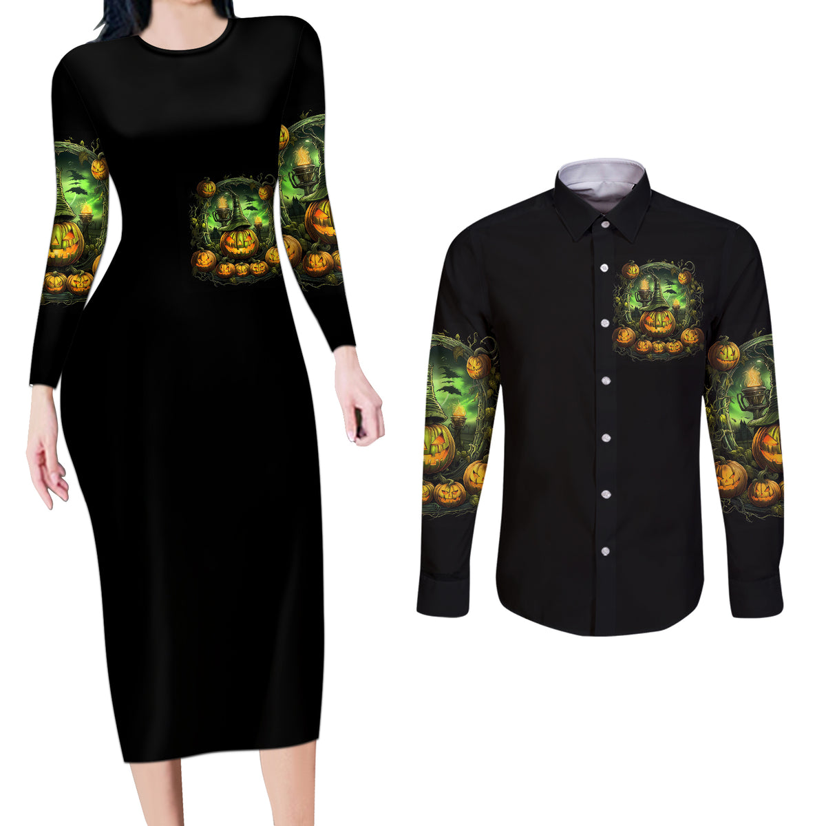 Pumpkin Skull Couples Matching Long Sleeve Bodycon Dress and Long Sleeve Button Shirts Drink Up Witches - Wonder Print Shop