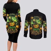 Pumpkin Skull Couples Matching Long Sleeve Bodycon Dress and Long Sleeve Button Shirts Drink Up Witches - Wonder Print Shop