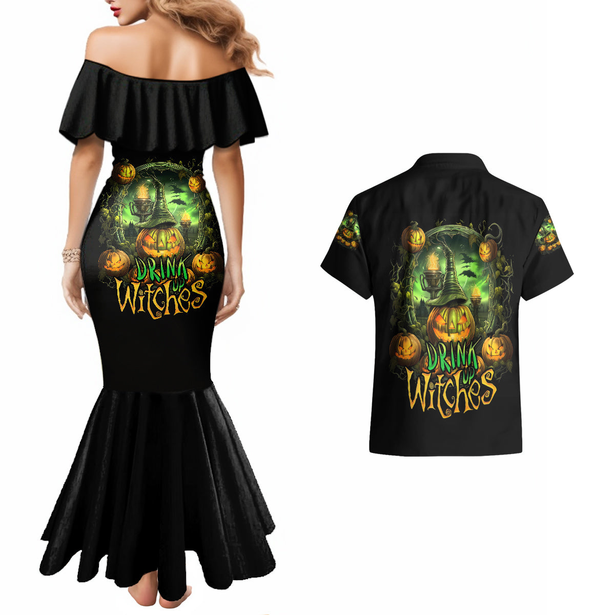 Pumpkin Skull Couples Matching Mermaid Dress and Hawaiian Shirt Drink Up Witches - Wonder Print Shop