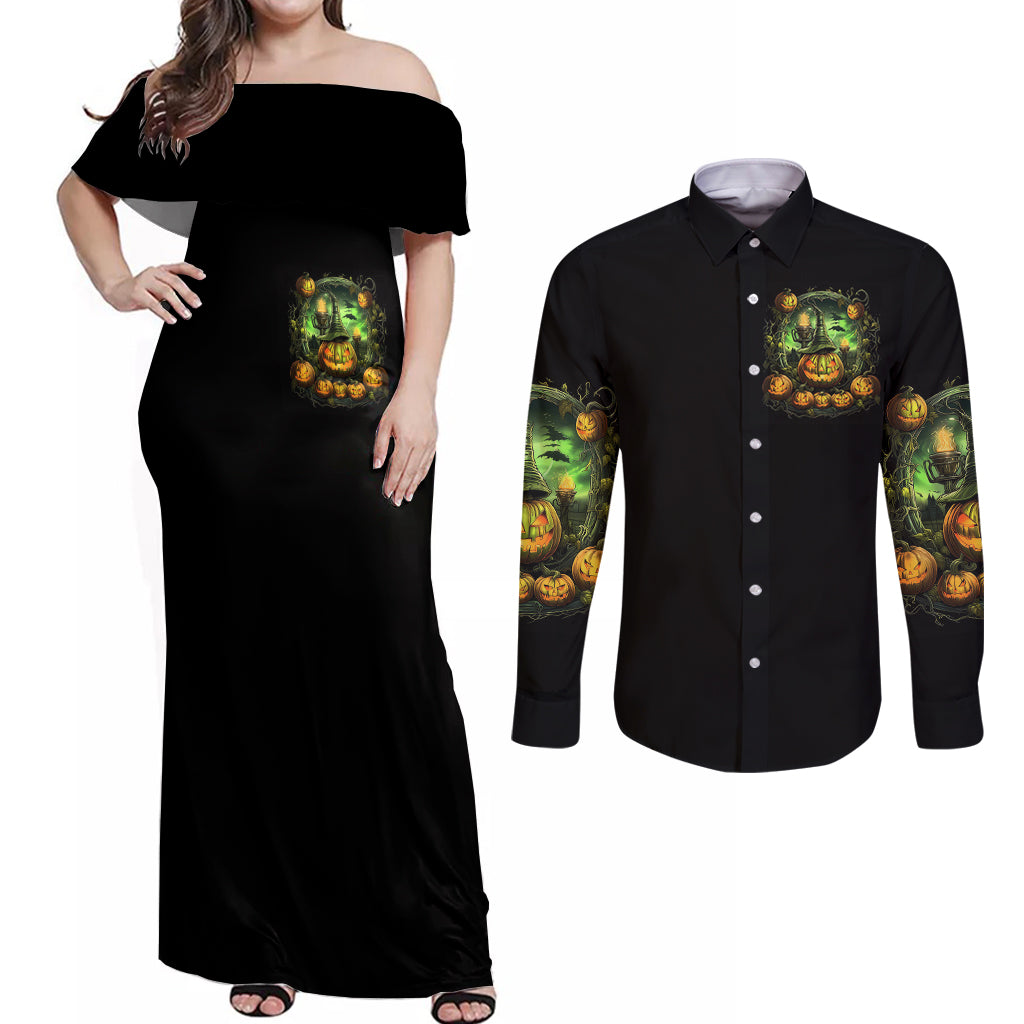 Pumpkin Skull Couples Matching Off Shoulder Maxi Dress and Long Sleeve Button Shirts Drink Up Witches - Wonder Print Shop