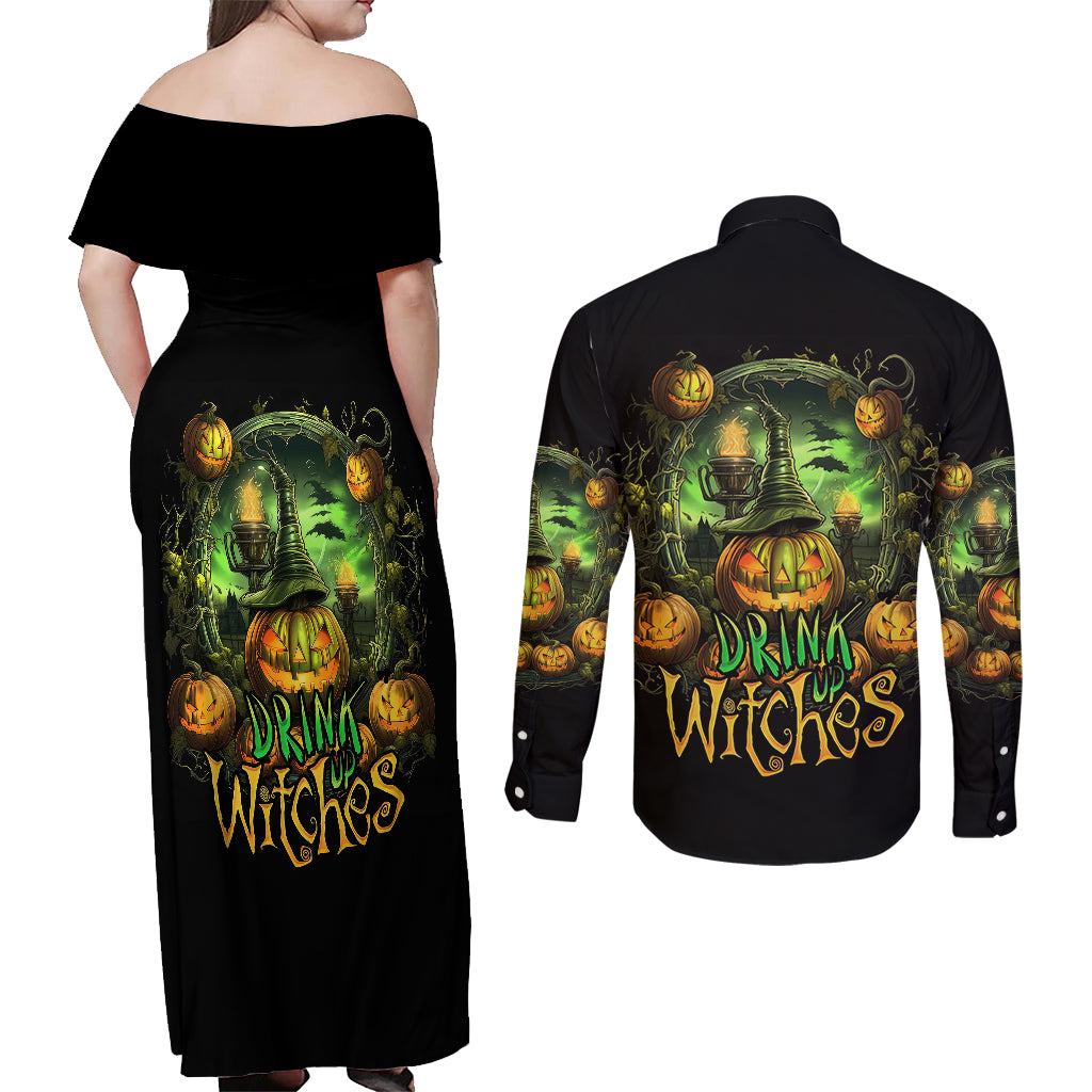 Pumpkin Skull Couples Matching Off Shoulder Maxi Dress and Long Sleeve Button Shirts Drink Up Witches - Wonder Print Shop