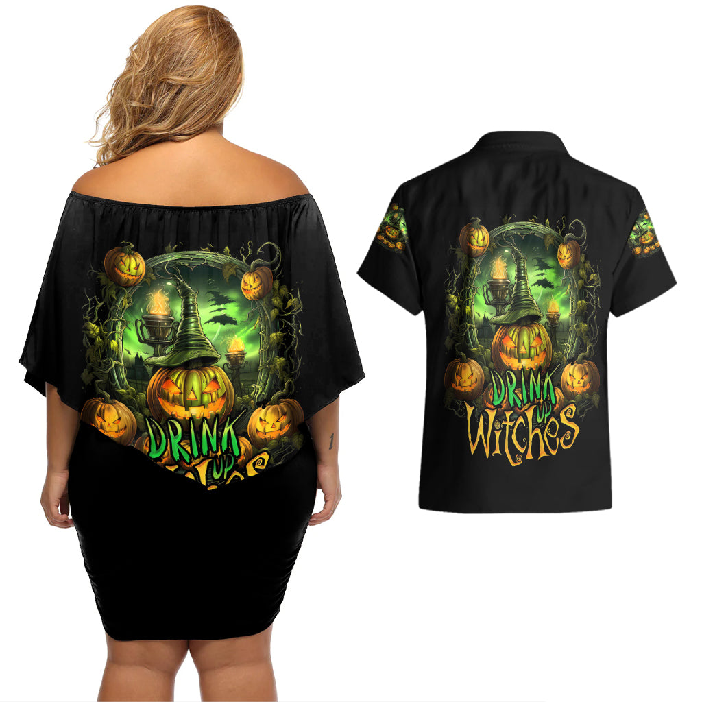 Pumpkin Skull Couples Matching Off Shoulder Short Dress and Hawaiian Shirt Drink Up Witches - Wonder Print Shop