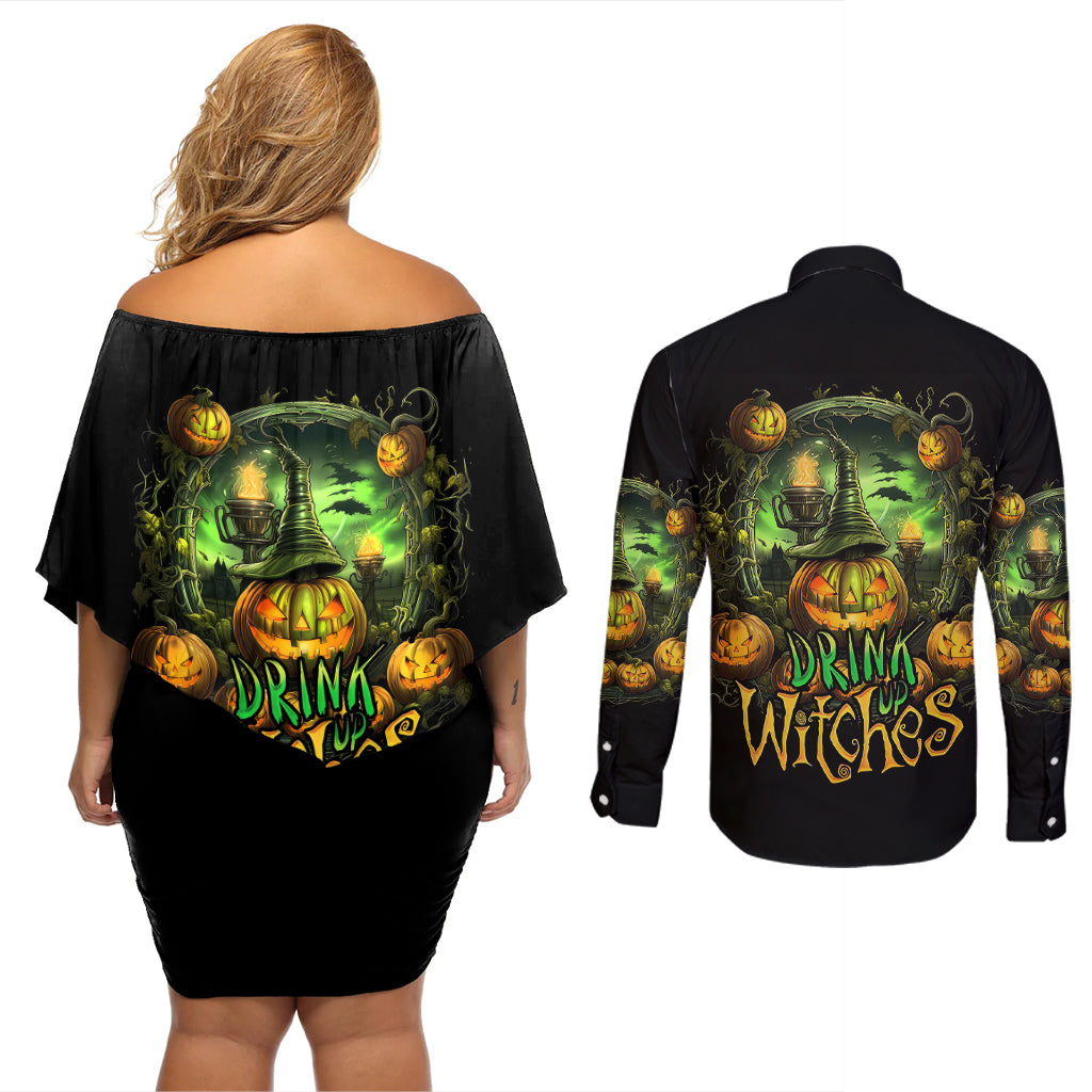 Pumpkin Skull Couples Matching Off Shoulder Short Dress and Long Sleeve Button Shirts Drink Up Witches - Wonder Print Shop