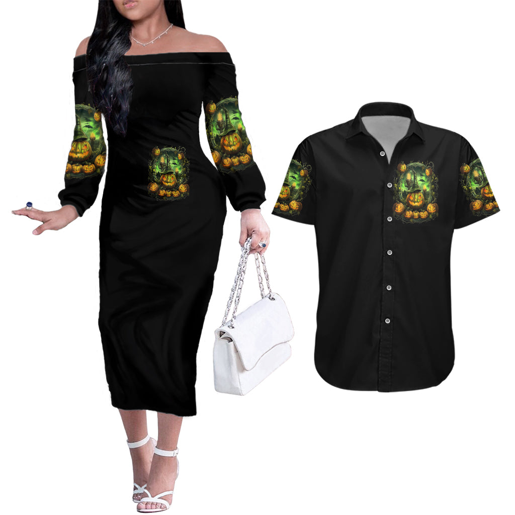 Pumpkin Skull Couples Matching Off The Shoulder Long Sleeve Dress and Hawaiian Shirt Drink Up Witches - Wonder Print Shop