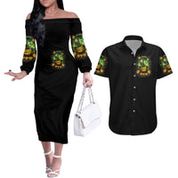 Pumpkin Skull Couples Matching Off The Shoulder Long Sleeve Dress and Hawaiian Shirt Drink Up Witches - Wonder Print Shop