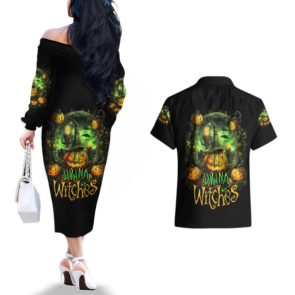 Pumpkin Skull Couples Matching Off The Shoulder Long Sleeve Dress and Hawaiian Shirt Drink Up Witches - Wonder Print Shop