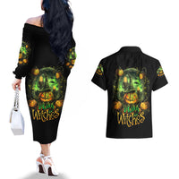 Pumpkin Skull Couples Matching Off The Shoulder Long Sleeve Dress and Hawaiian Shirt Drink Up Witches - Wonder Print Shop