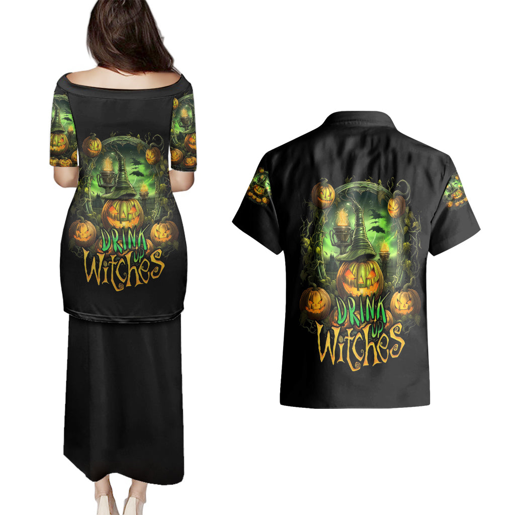 Pumpkin Skull Couples Matching Puletasi Dress and Hawaiian Shirt Drink Up Witches - Wonder Print Shop