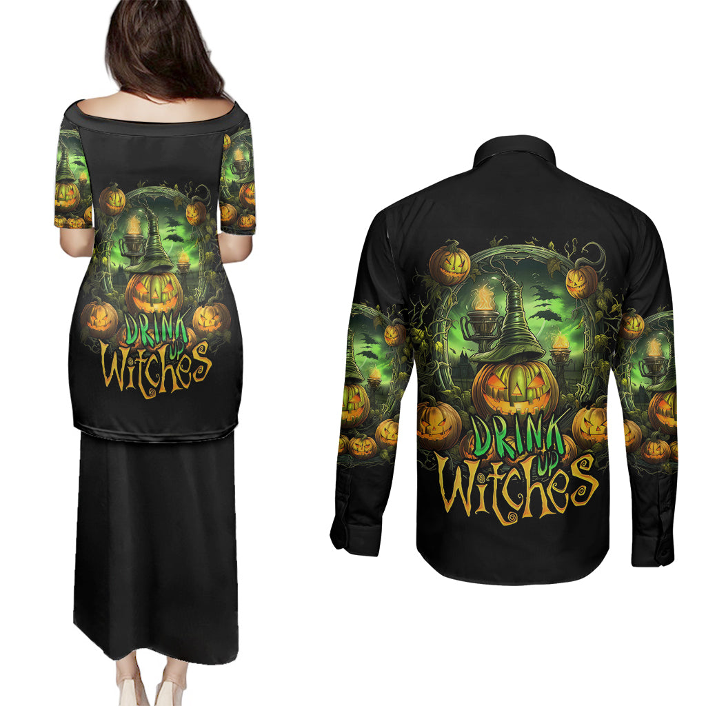 Pumpkin Skull Couples Matching Puletasi Dress and Long Sleeve Button Shirts Drink Up Witches - Wonder Print Shop