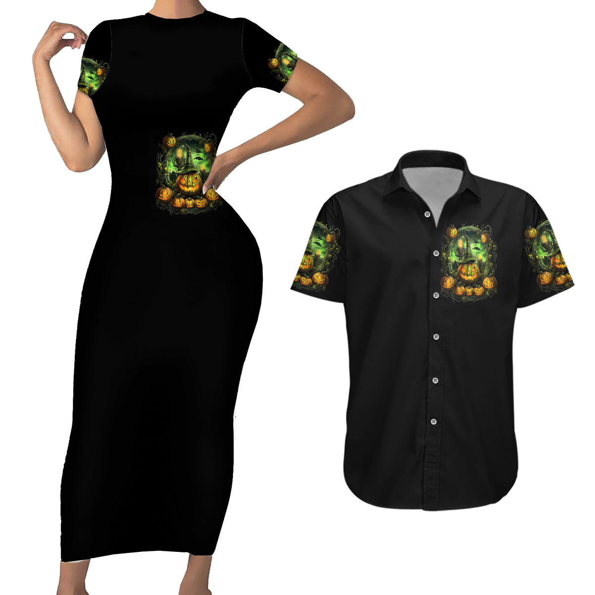 Pumpkin Skull Couples Matching Short Sleeve Bodycon Dress and Hawaiian Shirt Drink Up Witches - Wonder Print Shop