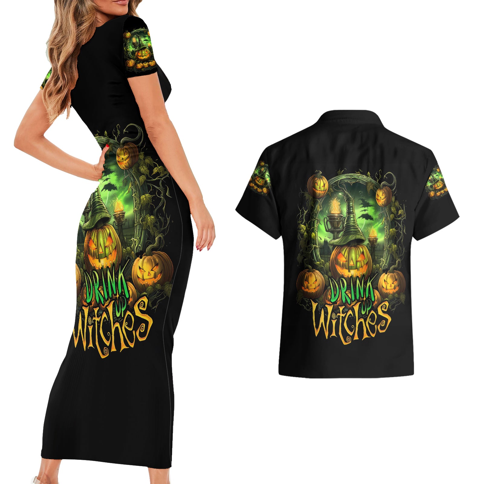 Pumpkin Skull Couples Matching Short Sleeve Bodycon Dress and Hawaiian Shirt Drink Up Witches - Wonder Print Shop