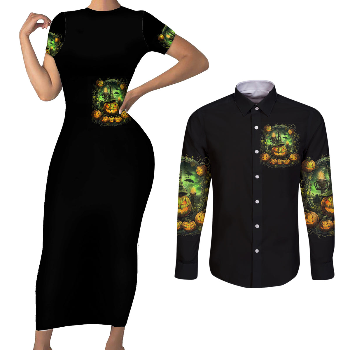 Pumpkin Skull Couples Matching Short Sleeve Bodycon Dress and Long Sleeve Button Shirts Drink Up Witches - Wonder Print Shop