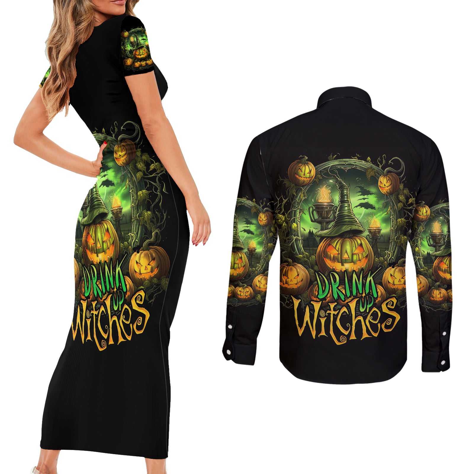 Pumpkin Skull Couples Matching Short Sleeve Bodycon Dress and Long Sleeve Button Shirts Drink Up Witches - Wonder Print Shop