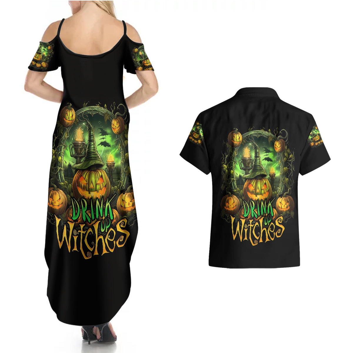 Pumpkin Skull Couples Matching Summer Maxi Dress and Hawaiian Shirt Drink Up Witches - Wonder Print Shop