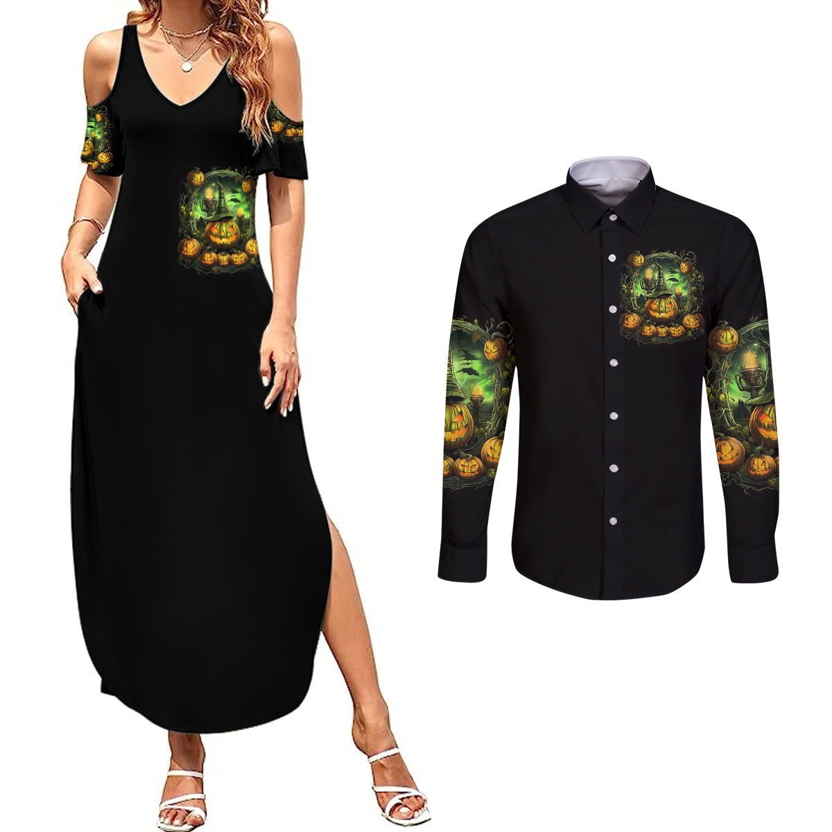 Pumpkin Skull Couples Matching Summer Maxi Dress and Long Sleeve Button Shirts Drink Up Witches - Wonder Print Shop