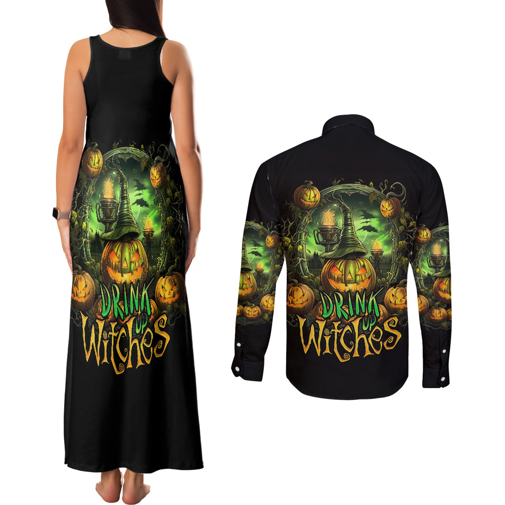 Pumpkin Skull Couples Matching Tank Maxi Dress and Long Sleeve Button Shirts Drink Up Witches - Wonder Print Shop