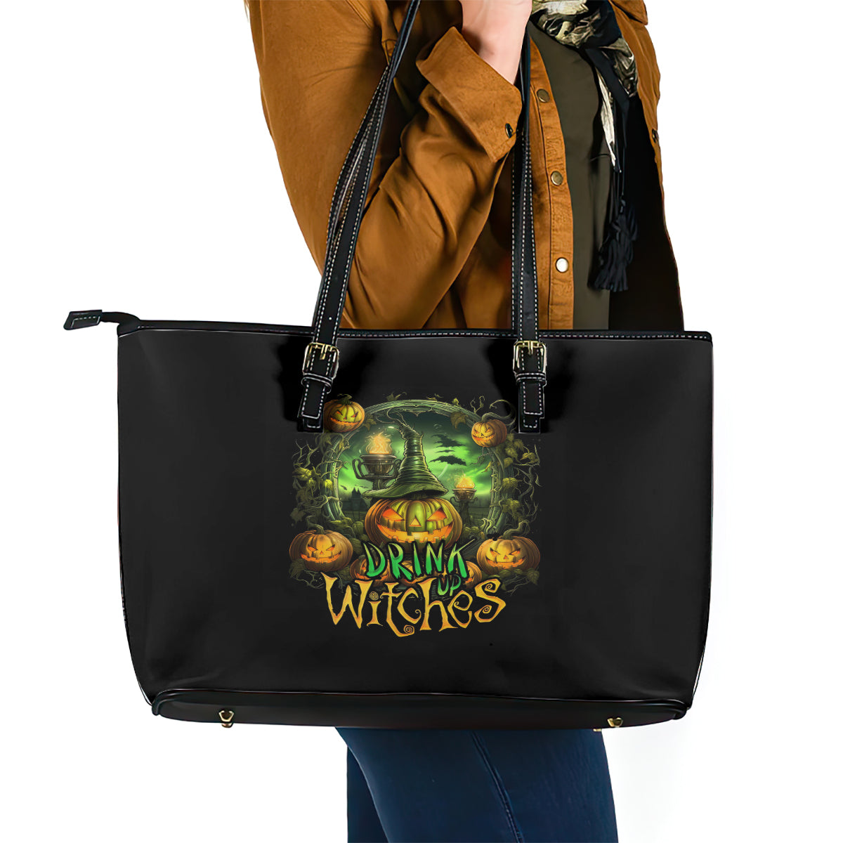 Pumpkin Skull Leather Tote Bag Drink Up Witches - Wonder Print Shop