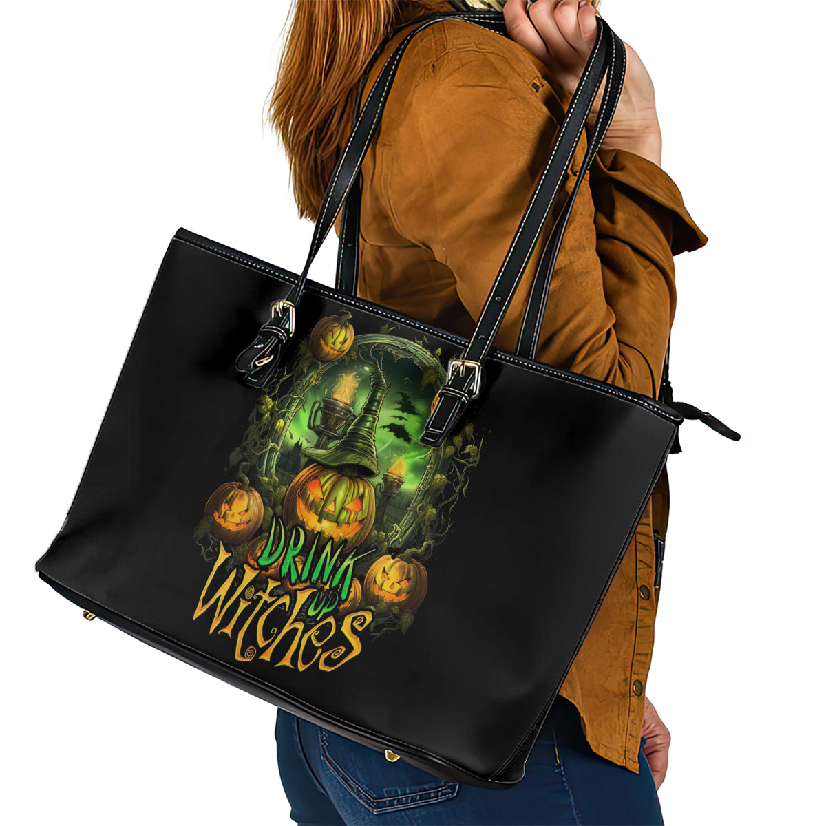 Pumpkin Skull Leather Tote Bag Drink Up Witches - Wonder Print Shop